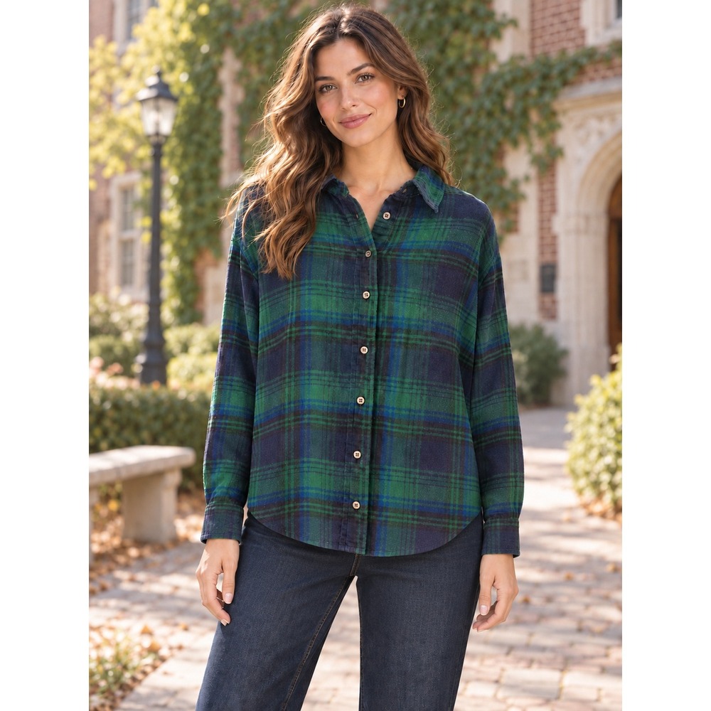 Gap Flannel Plaid Shirt Women XL Green Blue Long Sleeve Cabin Granola Preppy
